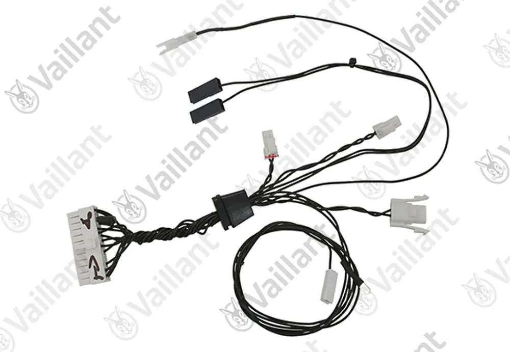 Vaillant Kabelbaum mit mehreren Anschlusskabeln, inklusive einem weißen Stecker mit mehreren Pins und mehreren einzelnen Leitungen für Kleinspannung.